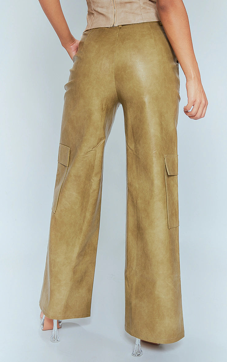 PREMIUM OLIVE WASHED FAUX LEATHER POCKET WIDE LEG CARGO PANTS