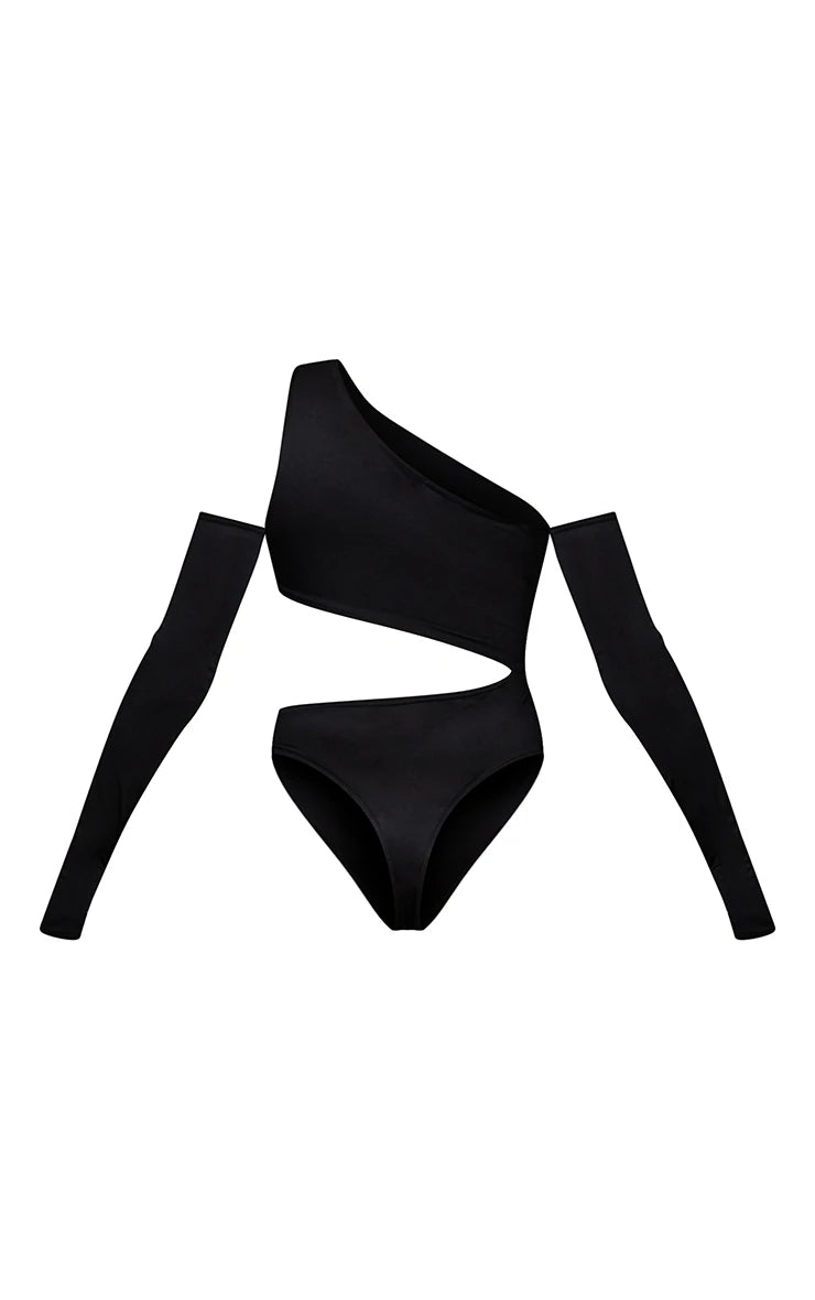 Black Slinky Bardot Thumb Hole Cut Out Bodysuit