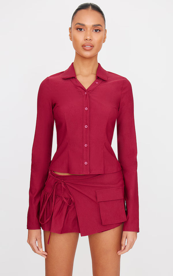 Burgundy Woven Long Sleeve Cargo Detail Shirt