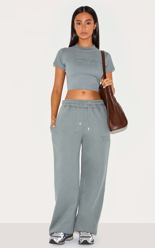 Petite Teal PLT Embossed Cropped Baby Tee