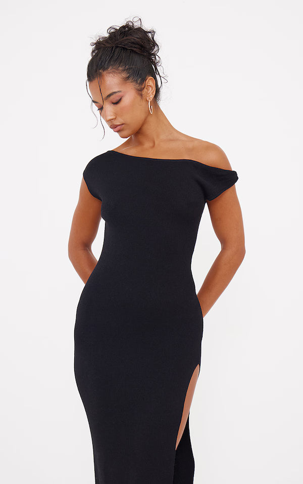 Black Fine Knit Twist Neck Maxi Dress