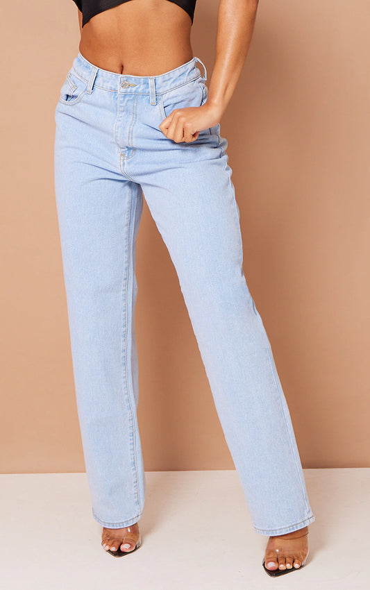 LIGHT BLUE WASH DIPPED BACK WAISTBAND BOYFRIEND JEANS