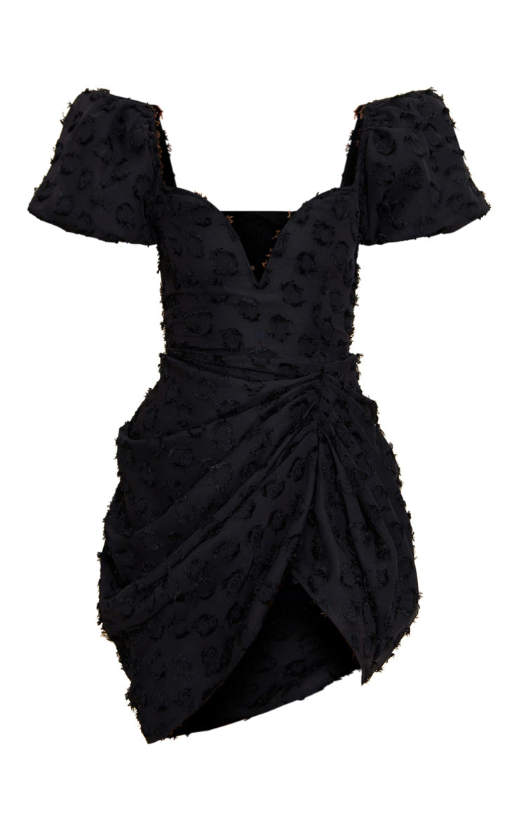 Black Textured Underwired Plunge Drape Bodycon Dress