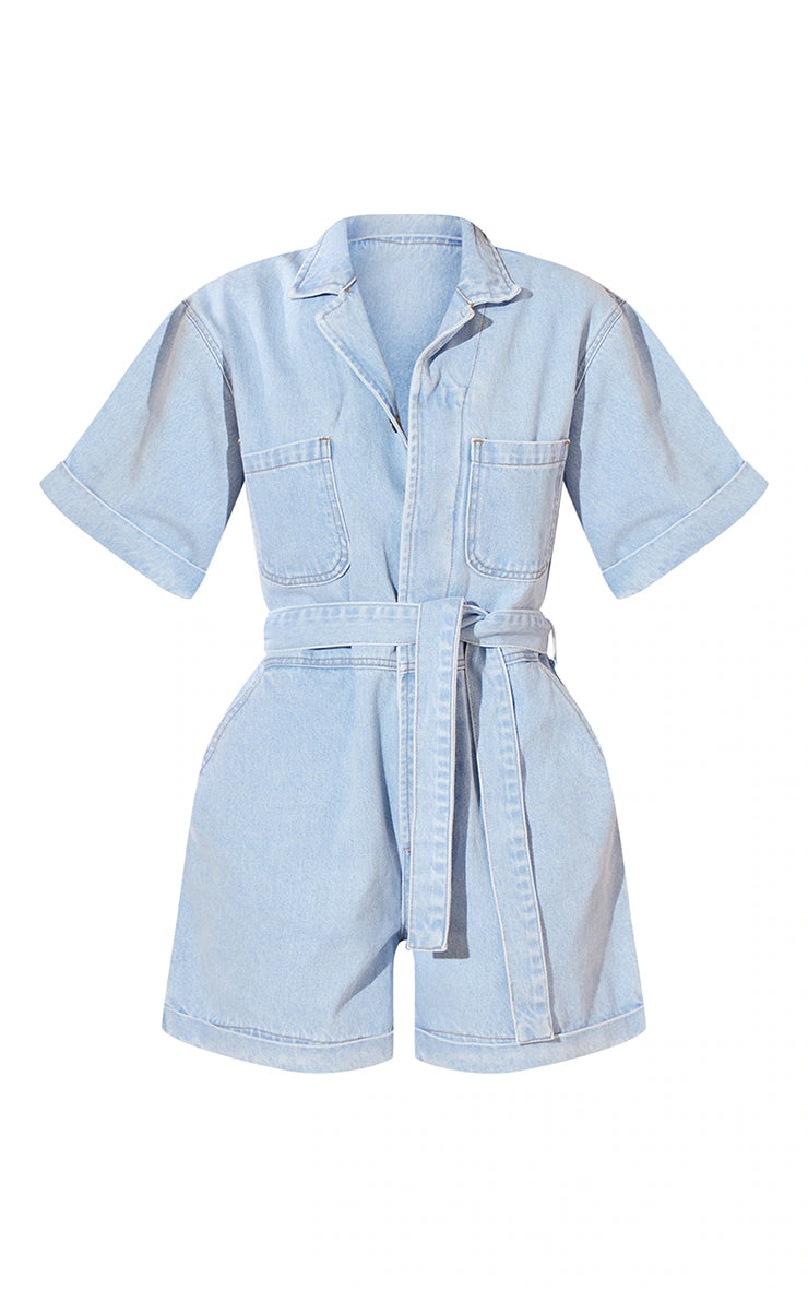 Light Blue Turn Up Hem Oversized Tie Waist Denim Playsuit