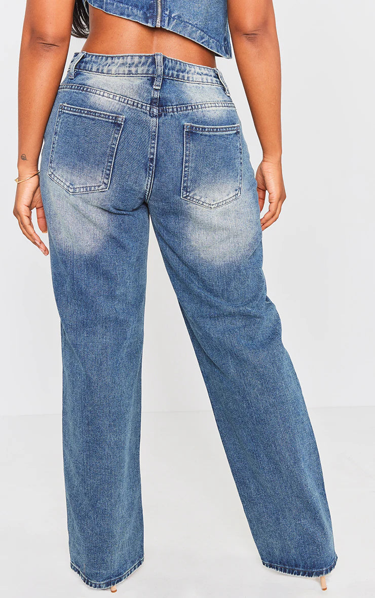 Shape Mid Blue Acid Wash Washed Denim Wide Leg Jeans