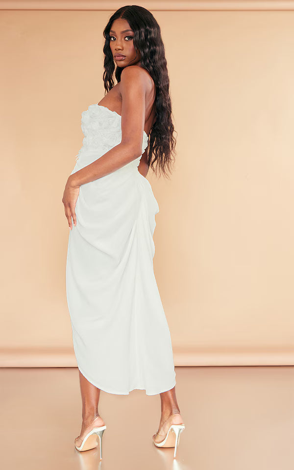 White Applique Rose Detail Draped Midaxi Dress