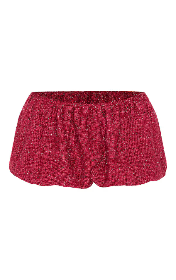Wine Tinsel Knit Detail Puffball Skirt