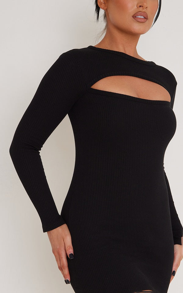 Black Rib Cut Out Detail Long Sleeve Bodycon Dress