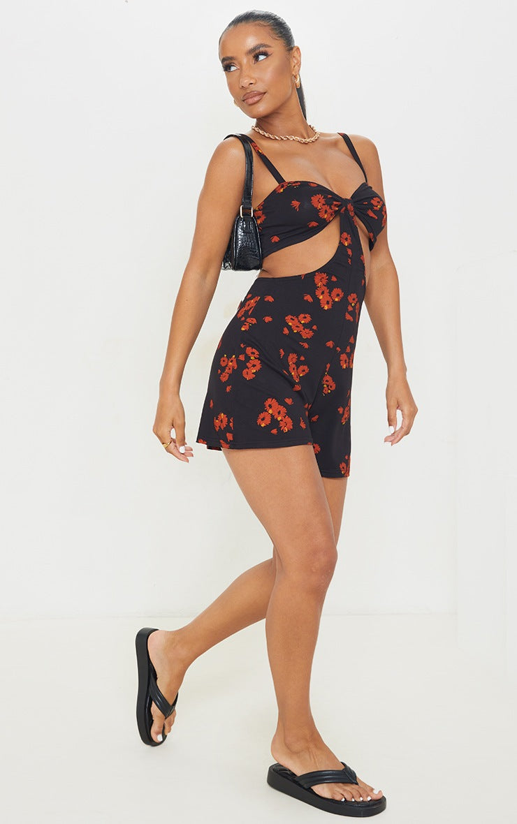 Black Ditsy Floral Cut Out Detail Romper