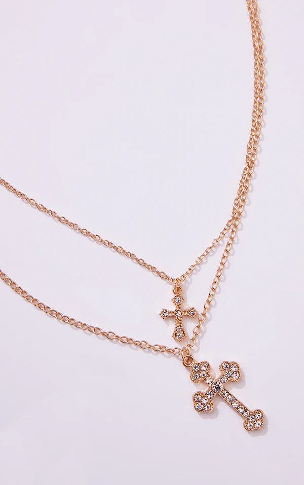 Gold Layered Chain Jeweled Cross Necklace