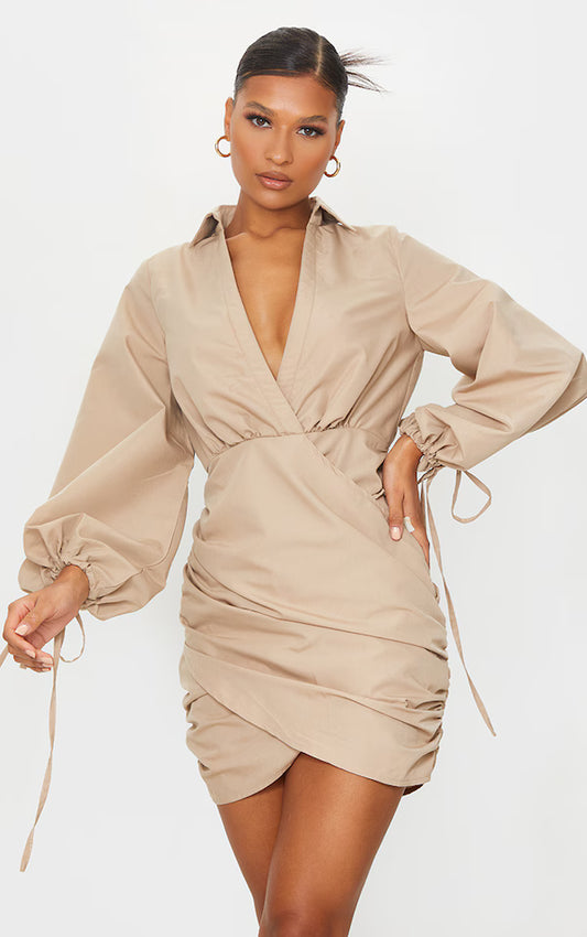 Stone Plunge Ruched Tie Cuff Shirt Bodycon Dress