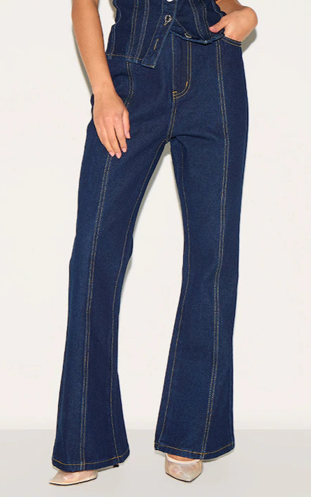 Petite Dark Indigo Contrast Seam Straight Leg Jeans