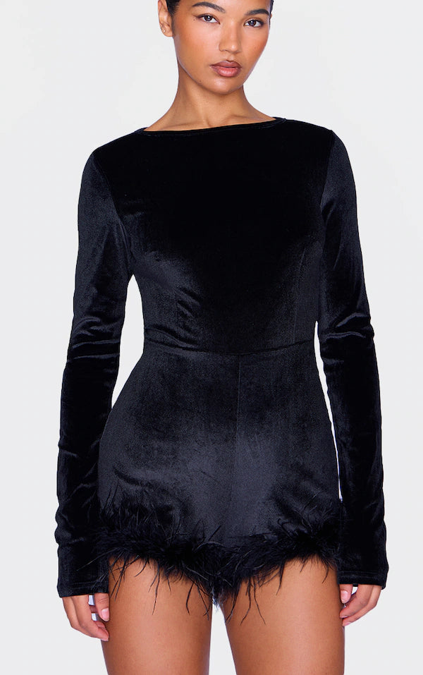 Black Velvet Long Sleeve Feather Trim Playsuit