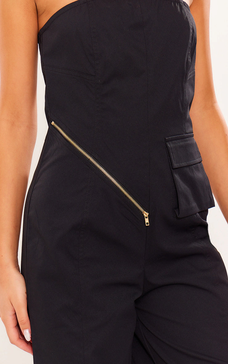 BLACK WOVEN POCKET DETAIL BANDEAU JUMPSUIT