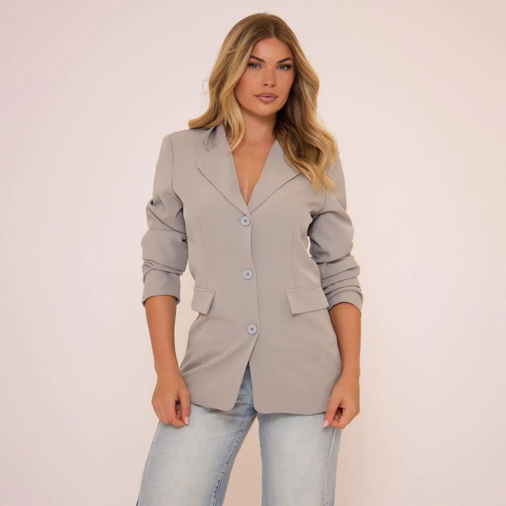 Long Sleeve Cinched Waist Blazer In Light Grey