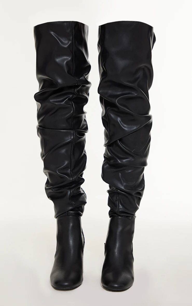 Black Pu Round Toe Ruched Over The Knee Block Heeled Boots