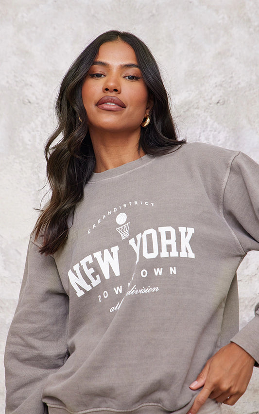 Mocha New York Downtown Slogan Printed Sweatshirt