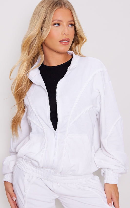 WHITE LOOPBACK BINDING DETAIL ZIP UP TRACK JACKET