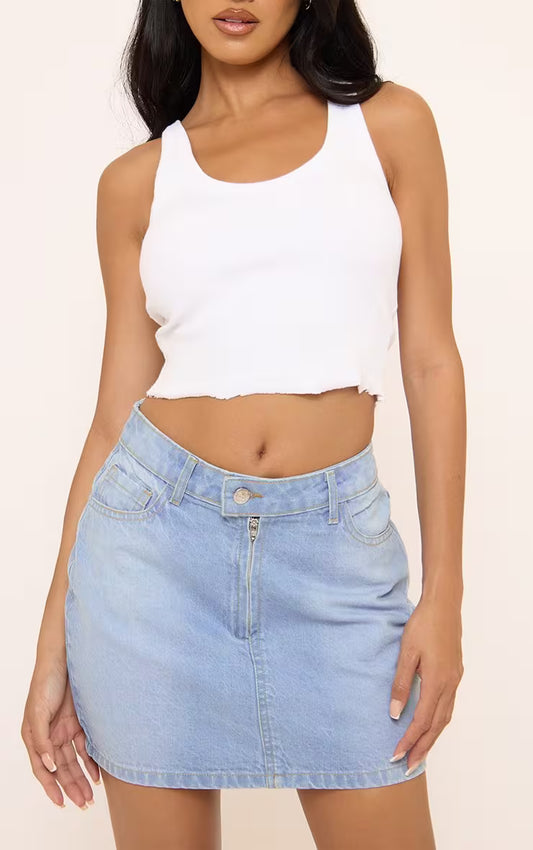 Ego - High Waist Motocross Detail Mini Skirt In Pale Blue Denim