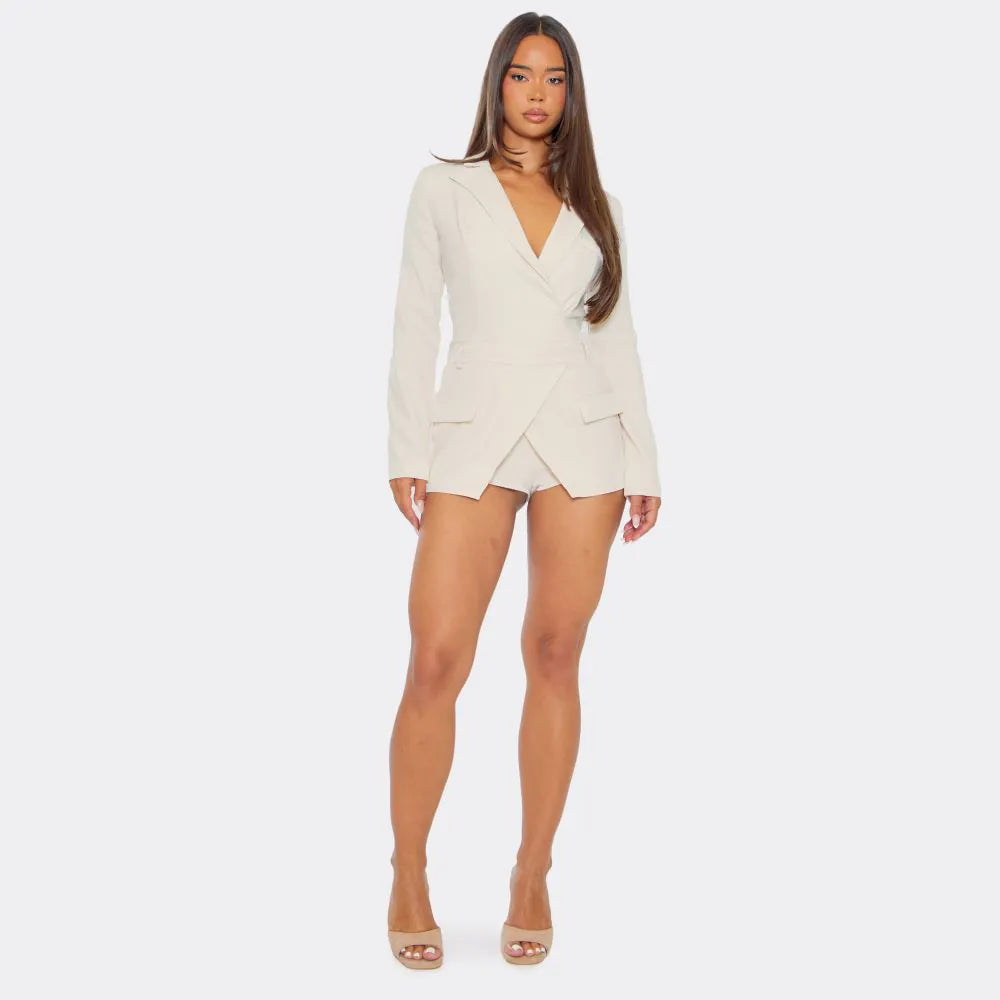 Long Sleeve Plunge Front Pocket Detail Blazer Playsuit In Cream