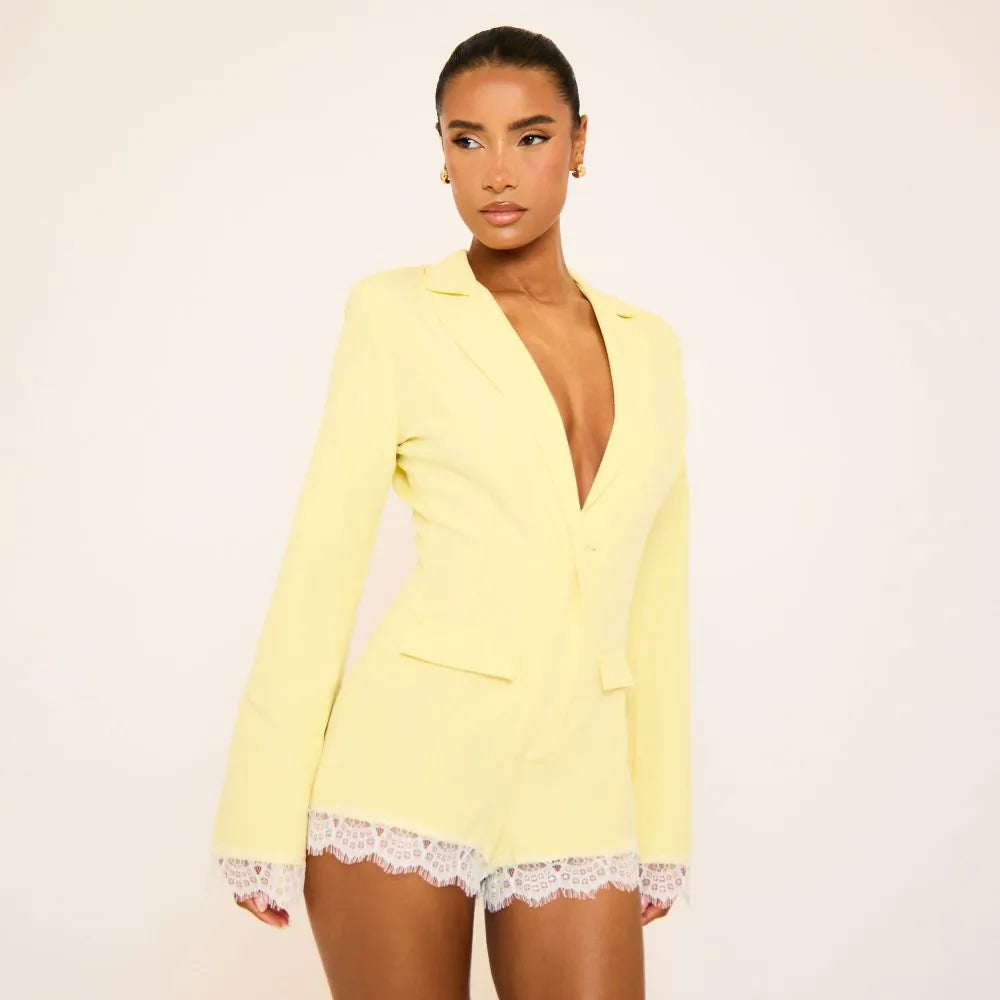 Long Sleeve Lace Trim Detail Blazer Playsuit In Yellow