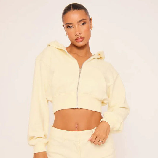 Long Sleeve Cropped Zip Up Pocket Detail Hoodie In Cream