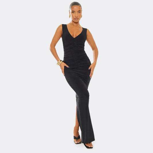 Plunge Gathered Front Maxi Dress In Black Slinky