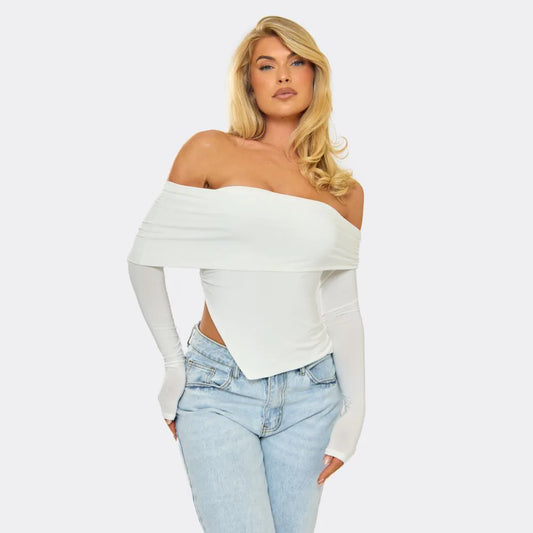 Bardot Long Sleeve Asymmetric Split Hem Detail Top In White