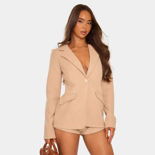 Ego - Long Sleeve Plunge Neck Blazer Playsuit In Stone