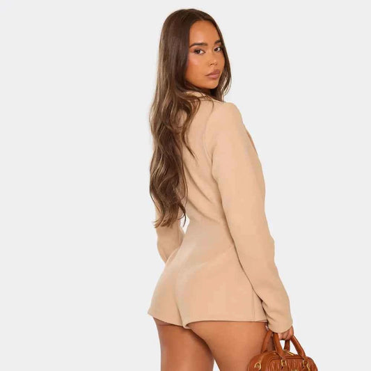 Ego - Long Sleeve Plunge Neck Blazer Playsuit In Stone