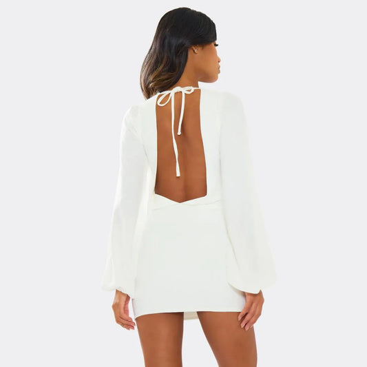 Cowl Neck Blouson Sleeve Mini Dress In White Linen