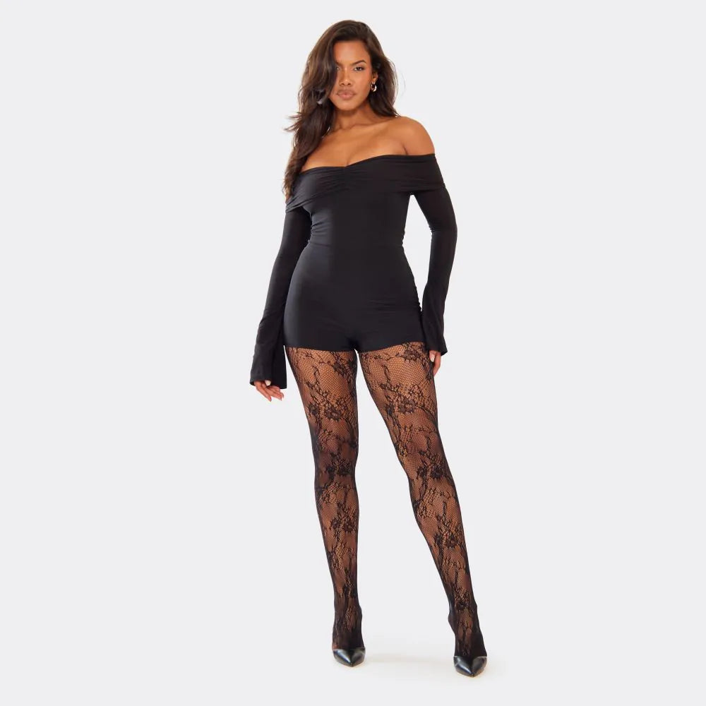 Long Flared Sleeve Bardot Ruched Front Playsuit In Black