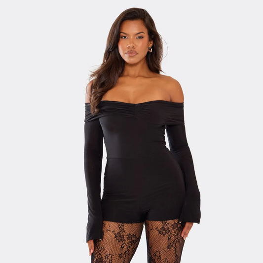 Long Flared Sleeve Bardot Ruched Front Playsuit In Black