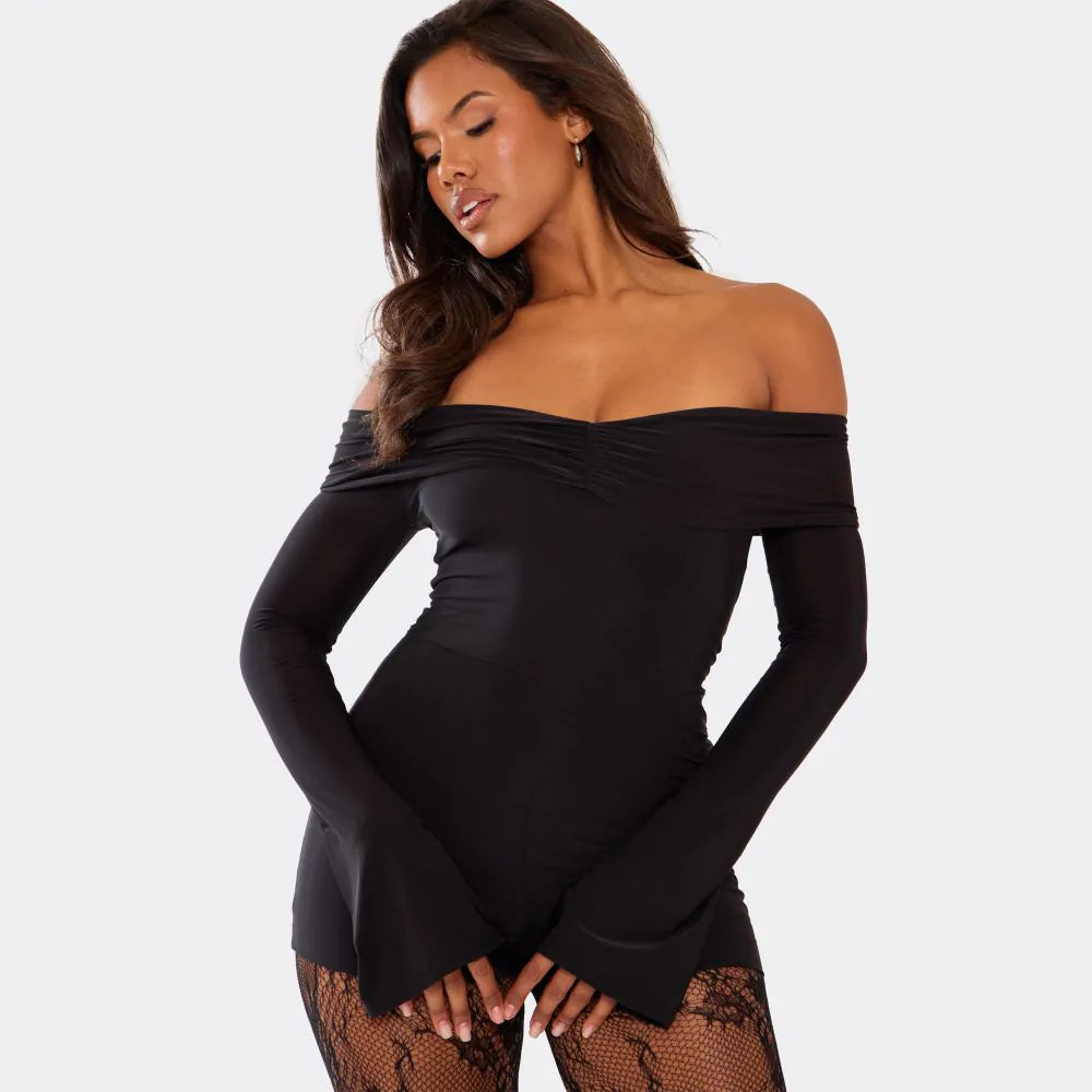 Long Flared Sleeve Bardot Ruched Front Playsuit In Black