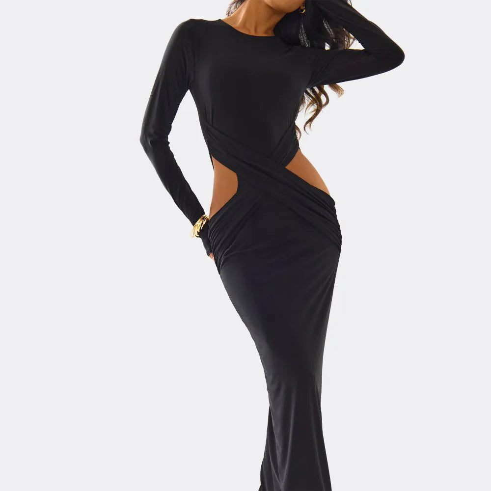 Long Sleeve Cut Out Detail Maxi Dress In Black