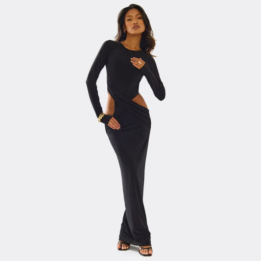 Long Sleeve Cut Out Detail Maxi Dress In Black