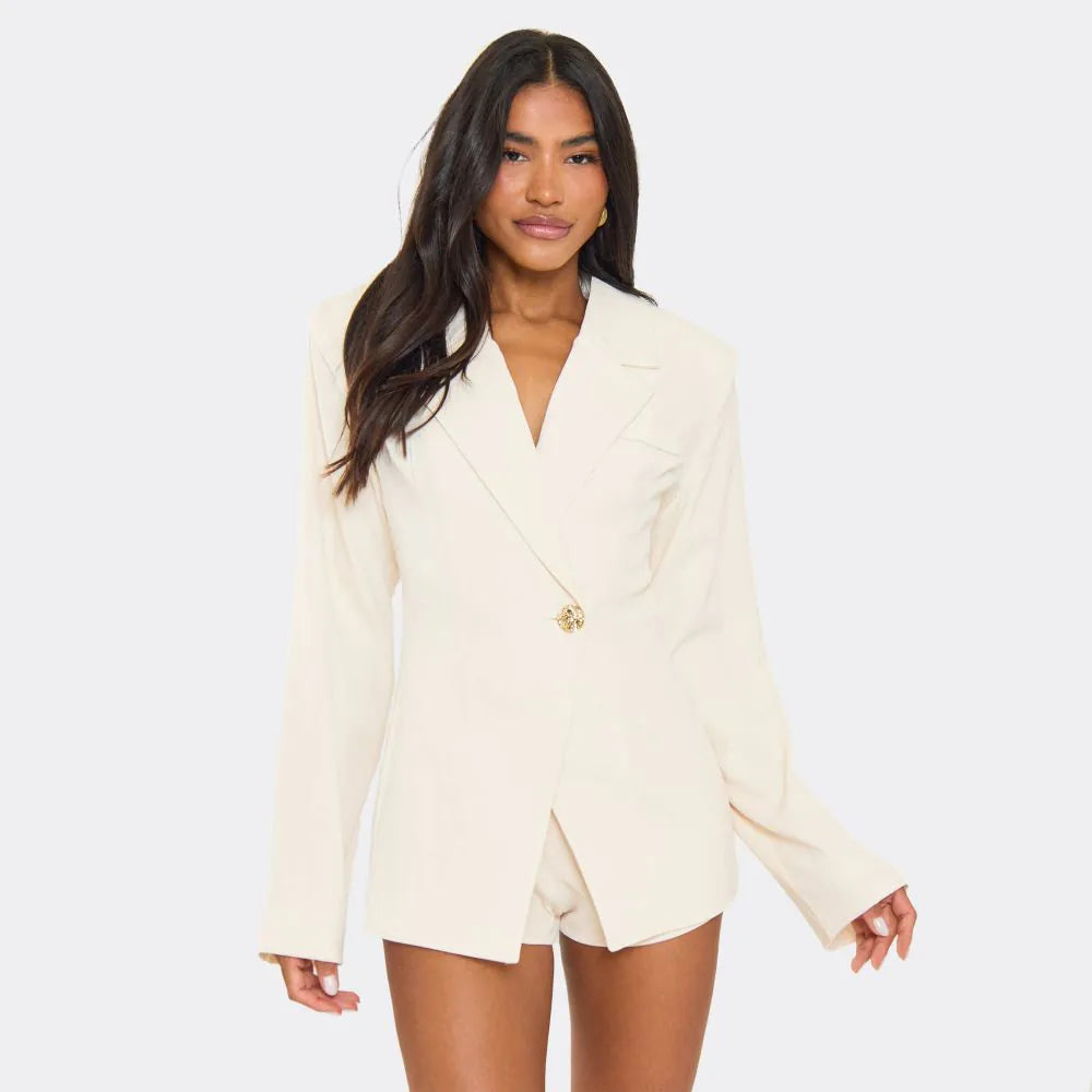 Ego - Long Sleeve Cinched Waist Blazer Playsuit In Cream