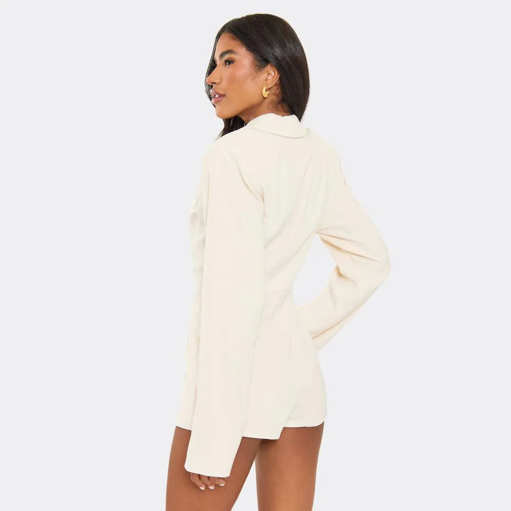 Ego - Long Sleeve Cinched Waist Blazer Playsuit In Cream