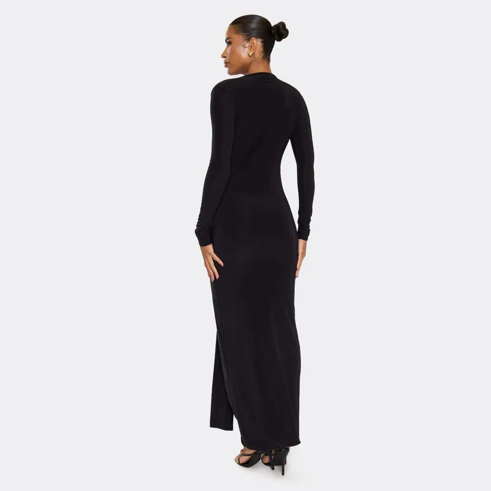 Extreme Plunge Drape Trim Detail Maxi Dress In Black