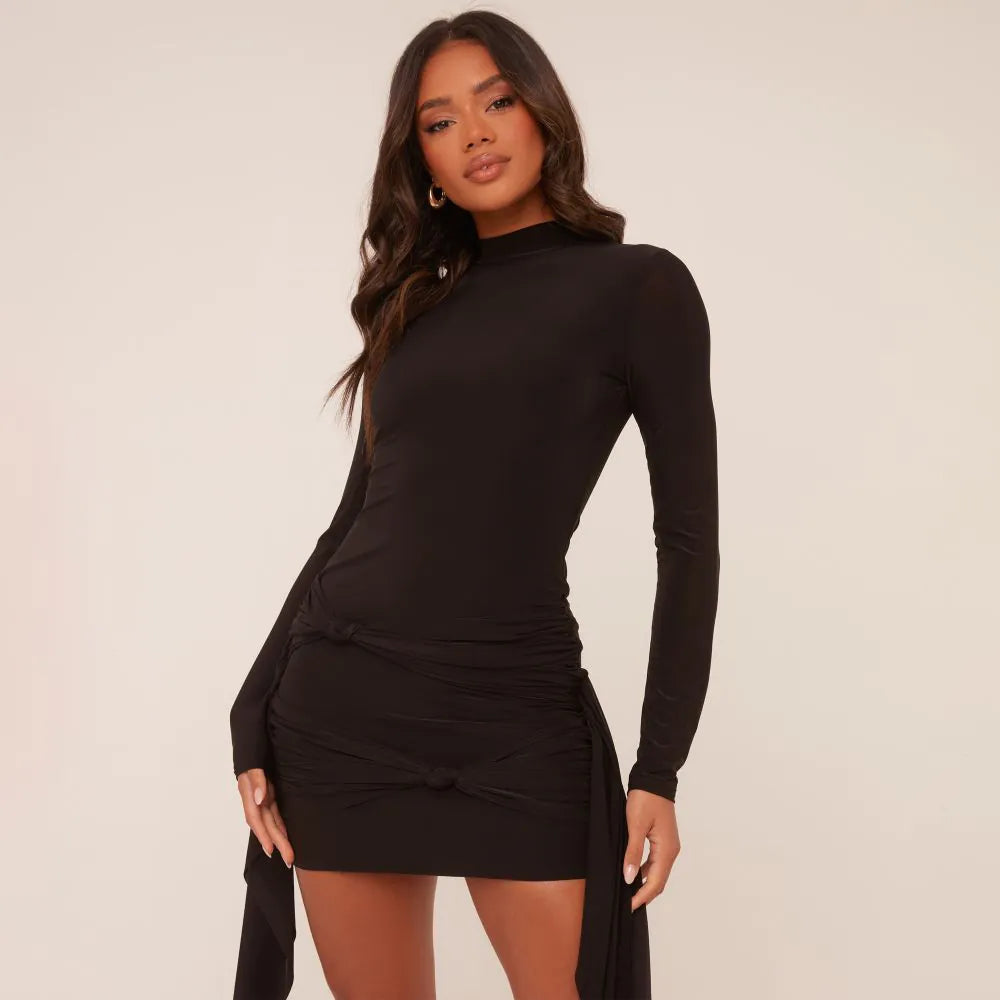 Long Sleeve High Neck Wrap Waist Detail Mini Bodycon Dress In Black Slinky