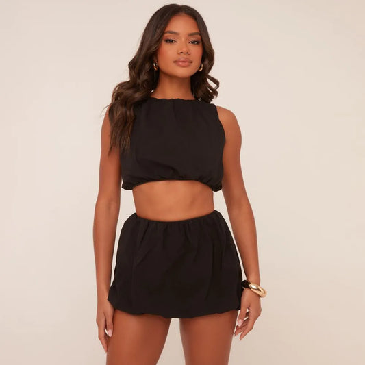 Sleeveless Crop Top And High Waist Puffball Mini Skirt Co-Ord Set In Black