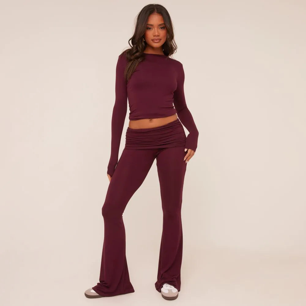 Long Sleeve Crew Neck Top In Burgundy