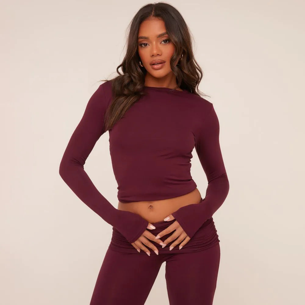Long Sleeve Crew Neck Top In Burgundy