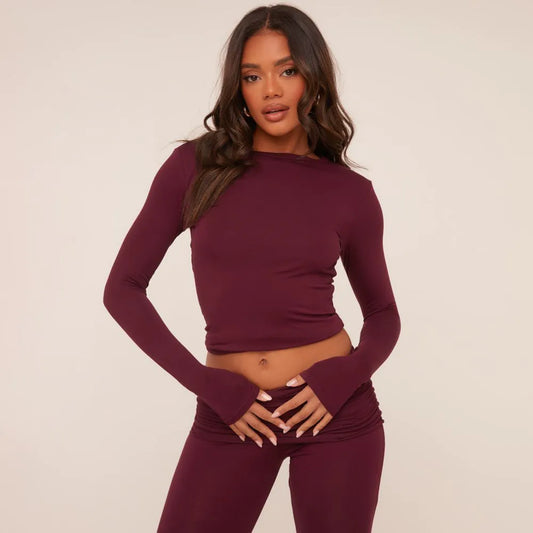 Long Sleeve Crew Neck Top In Burgundy