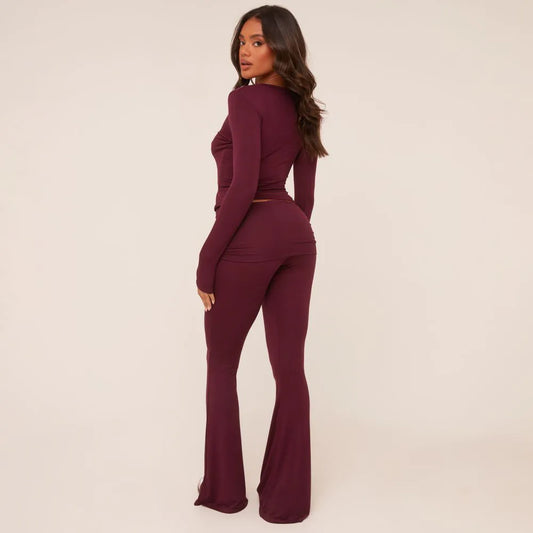 Long Sleeve Crew Neck Top In Burgundy