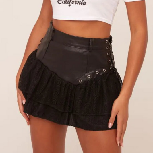 High Waist Lace Up Detail Textured Frill Hem Mini Skirt In Black Faux Leather