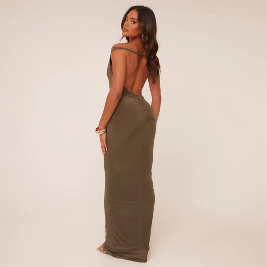 Bardot Ruched Bum Twisted Detail Maxi Dress In Khaki