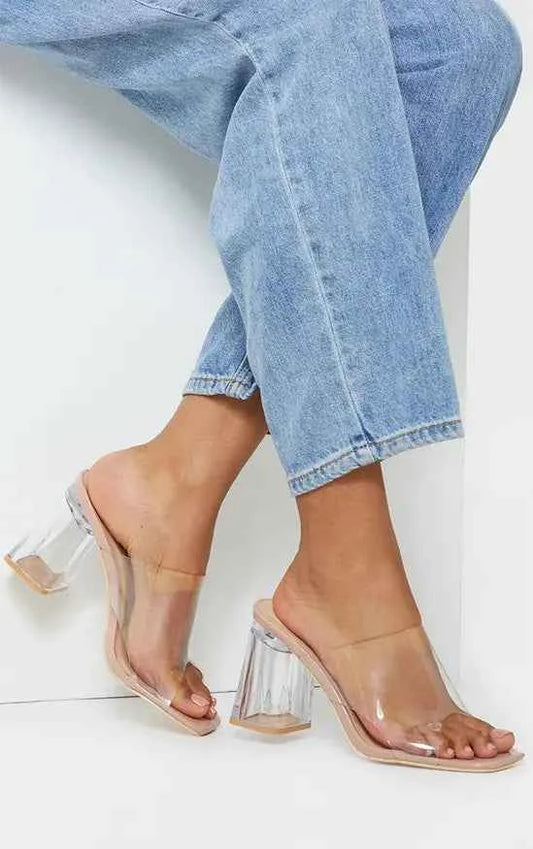 Plt - Nude Wide Fit Clear Flared Block Heel Mules