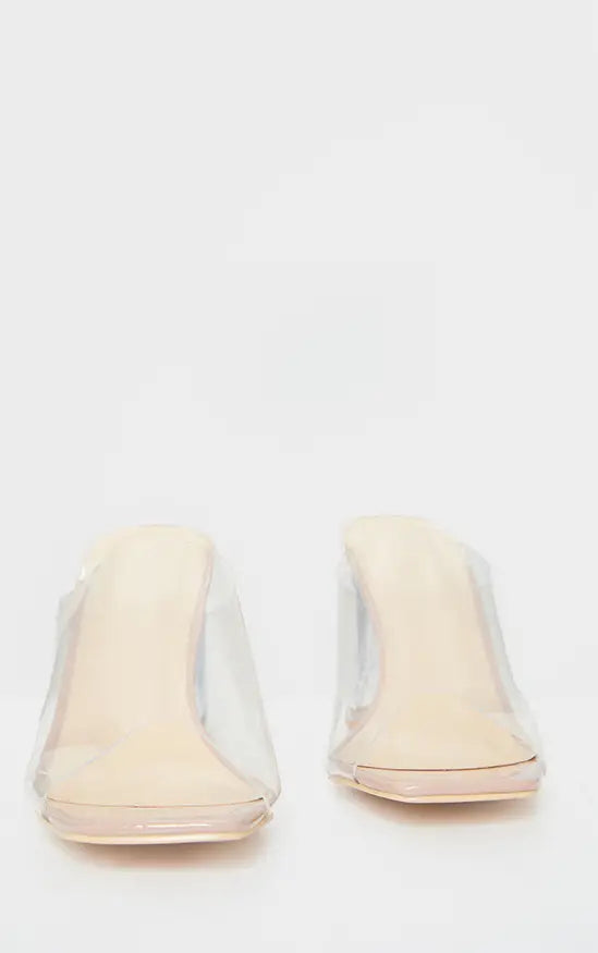 Plt - Nude Wide Fit Clear Flared Block Heel Mules