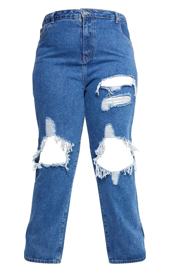 PRETTYLITTLETHING Plus Mid Blue Ripped Straight Leg Jeans